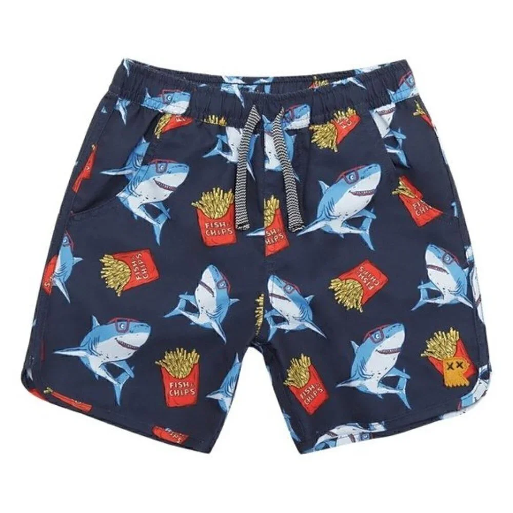 NWT Broken Threads Surf Navy Blue Great White Sharks French Fries Swim Trunks M